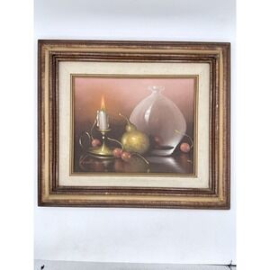 C. John Wallace Still Life Painted On Canvas Candle Fruit & Pitcher